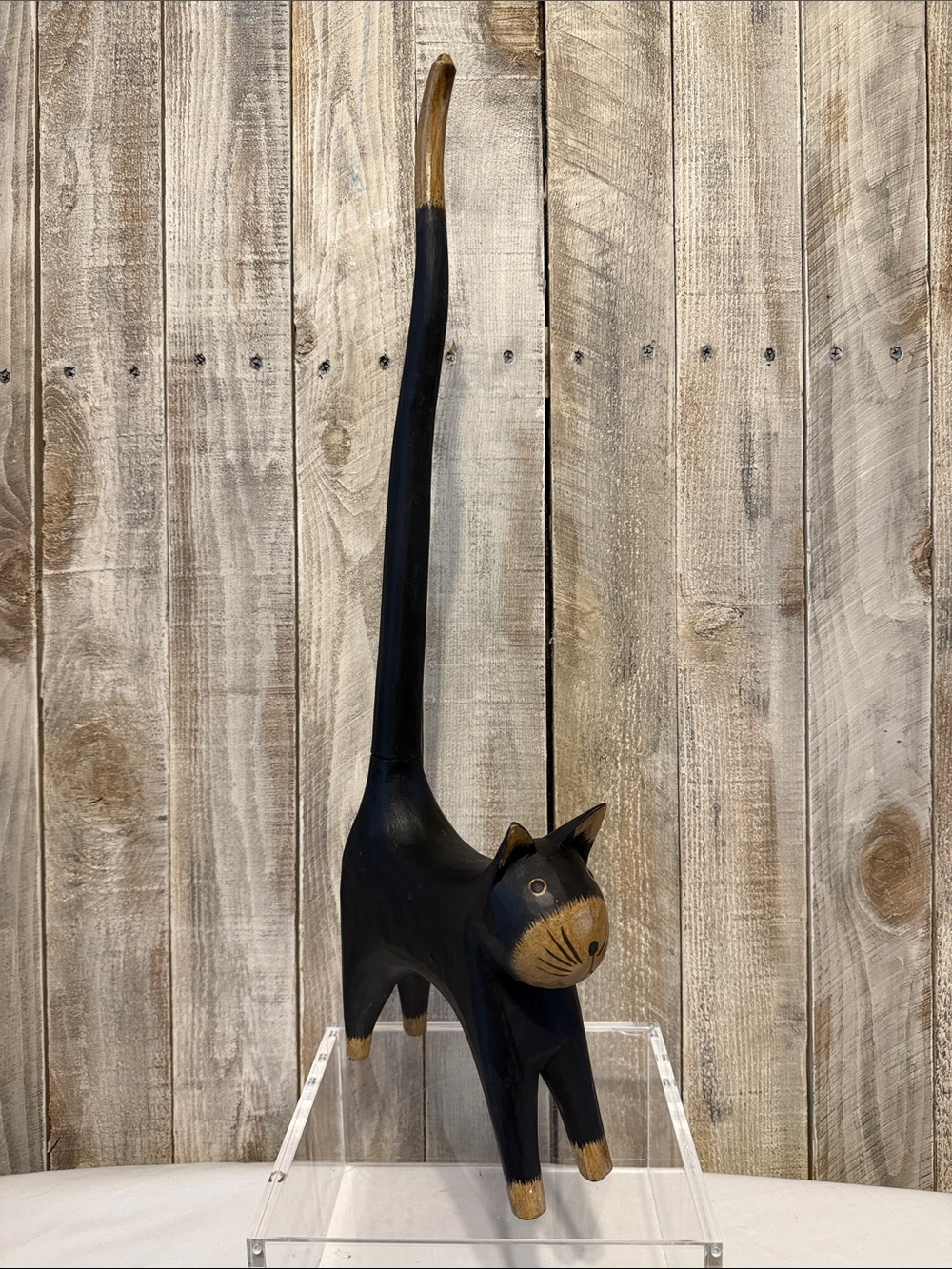 Primitive Carved Wooden Cat Figurine - Tall Tail Accent